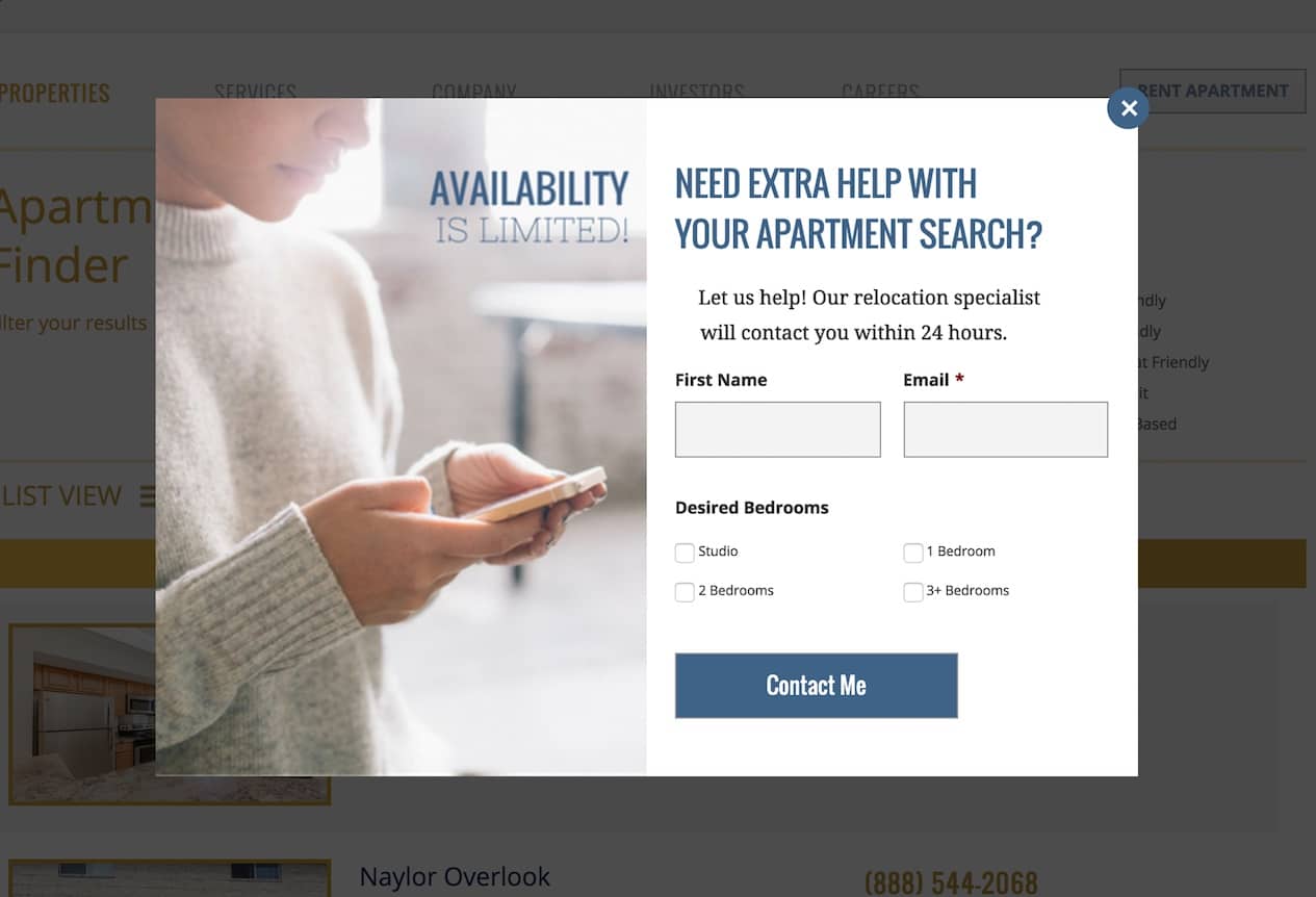 Example "Extra Help" pop-up for apartment websites